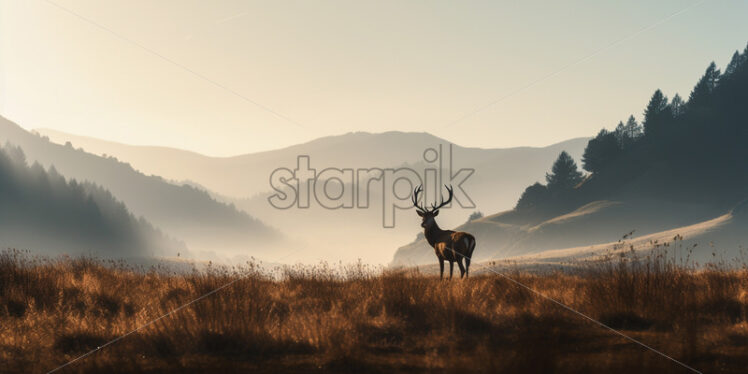 The silhouette of a deer on a plain in the mountains - Starpik Stock