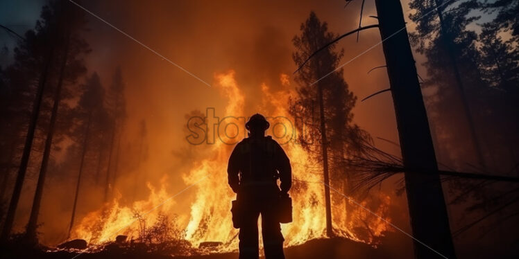 The silhouette of a firefighter on the background of a fire - Starpik Stock