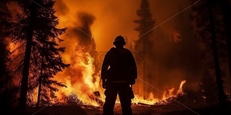 The silhouette of a firefighter on the background of a fire - Starpik Stock