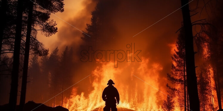 The silhouette of a firefighter on the background of a fire - Starpik Stock