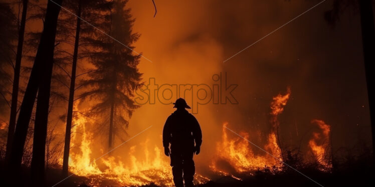 The silhouette of a firefighter on the background of a fire - Starpik Stock