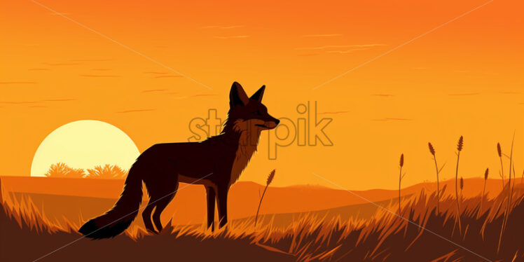 The silhouette of a fox on a plain at sunset, created in 2d software - Starpik Stock