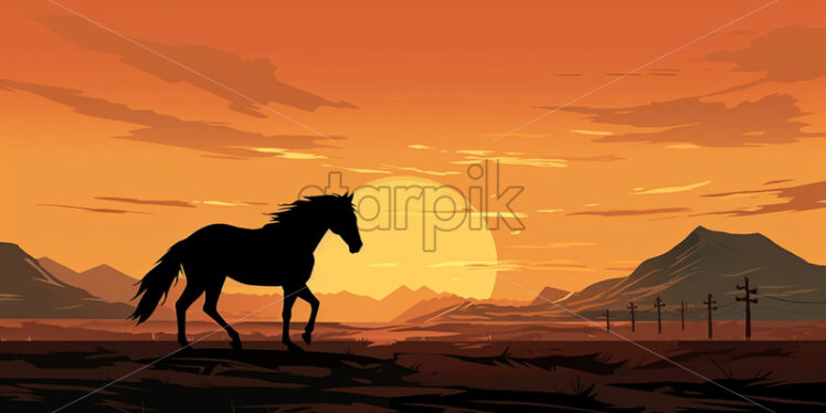 The silhouette of a horse on the background of a plain at sunset, illustration - Starpik Stock