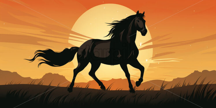 The silhouette of a horse on the background of a plain at sunset, illustration - Starpik Stock