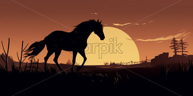 The silhouette of a horse on the background of a plain at sunset, illustration - Starpik Stock