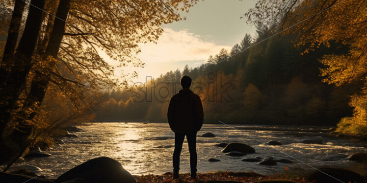 The silhouette of a man on the edge of a river in the forest - Starpik Stock