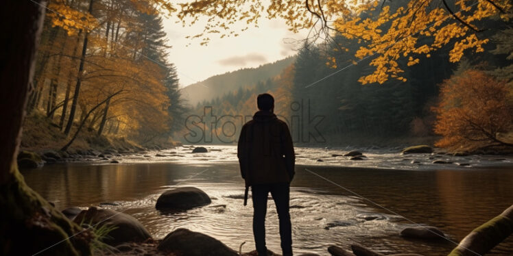 The silhouette of a man on the edge of a river in the forest - Starpik Stock