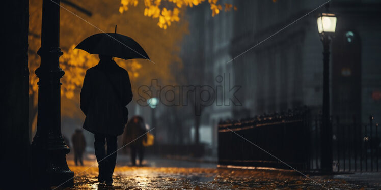 The silhouette of a man on the street, a rainy autumn - Starpik Stock