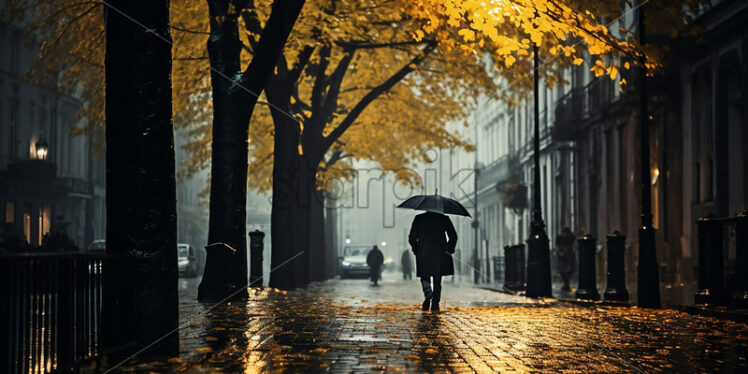 The silhouette of a man on the street, a rainy autumn - Starpik Stock