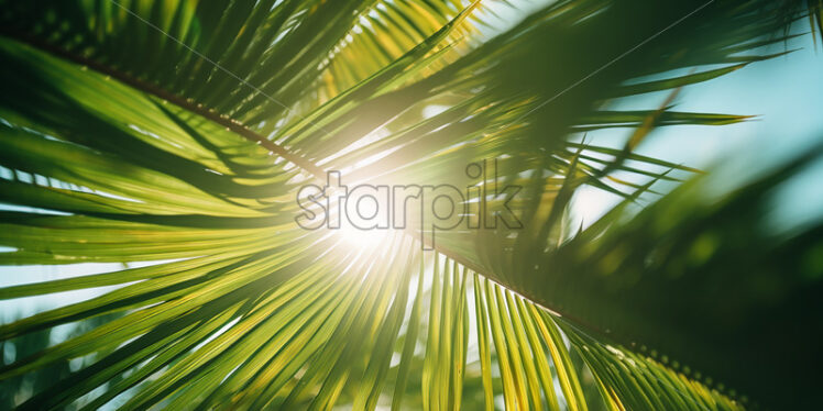 The sun’s rays passing through the leaves of a palm tree - Starpik Stock