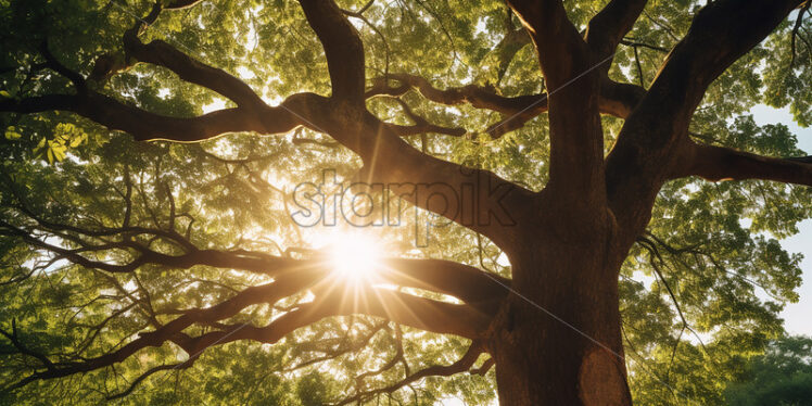 The sun's rays passing through the branches of an old tree - Starpik Stock