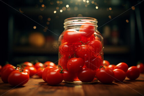 There are pickled tomatoes in a jar on a table, and many fresh tomatoes next to them - Starpik Stock