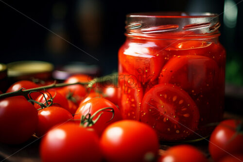 There are pickled tomatoes in a jar on a table, and many fresh tomatoes next to them - Starpik Stock