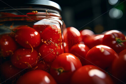 There are pickled tomatoes in a jar on a table, and many fresh tomatoes next to them - Starpik Stock