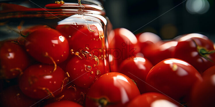 There are pickled tomatoes in a jar on a table, and many fresh tomatoes next to them - Starpik Stock