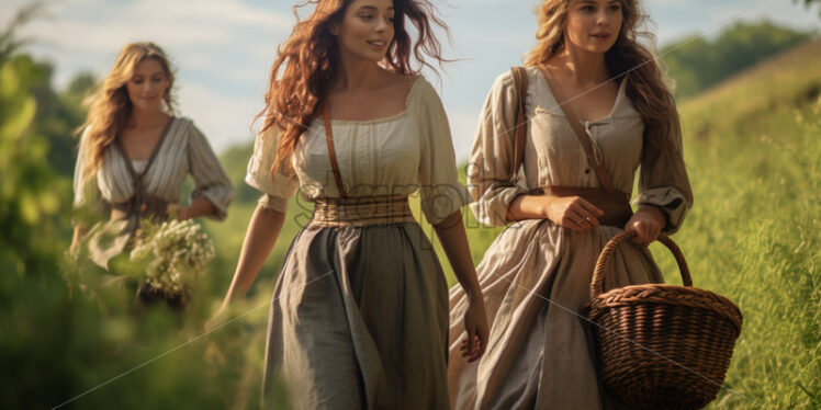 Three women walking in the meadow in the countrysides - Starpik Stock