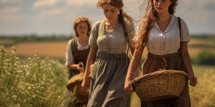 Three women walking in the meadow in the countrysides - Starpik Stock