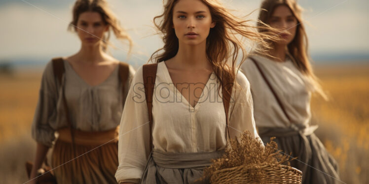 Three women walking in the meadow in the countrysides - Starpik Stock