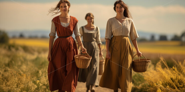 Three women walking in the meadow in the countrysides - Starpik Stock