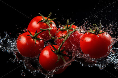 Tomatoes with splashes of water on them on a black background - Starpik