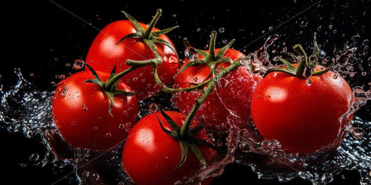 Tomatoes with splashes of water on them on a black background - Starpik