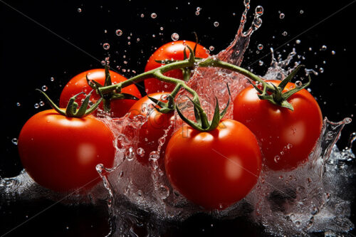 Tomatoes with splashes of water on them on a black background - Starpik