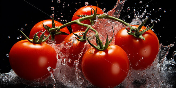 Tomatoes with splashes of water on them on a black background - Starpik