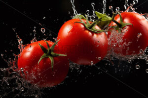 Tomatoes with splashes of water on them on a black background - Starpik