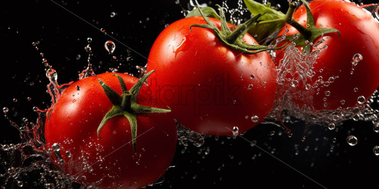 Tomatoes with splashes of water on them on a black background - Starpik