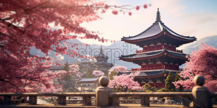 Traditional Asian architecture, pagodas, cherry blossoms - Starpik Stock