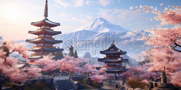 Traditional Asian architecture, pagodas, cherry blossoms - Starpik Stock