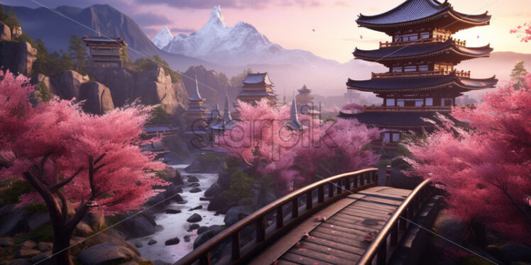 Traditional Asian architecture, pagodas, cherry blossoms - Starpik Stock