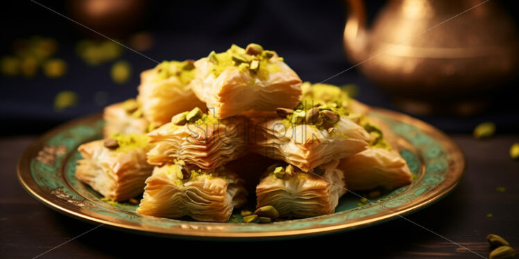 Turkish baclava with pistachios on a beautiful plate - Starpik Stock