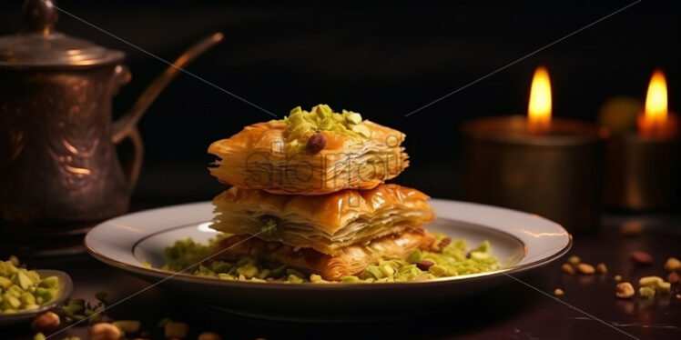 Turkish baclava with pistachios on a beautiful plate - Starpik Stock