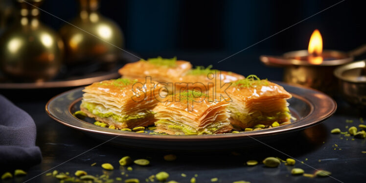 Turkish baclava with pistachios on a beautiful plate - Starpik Stock