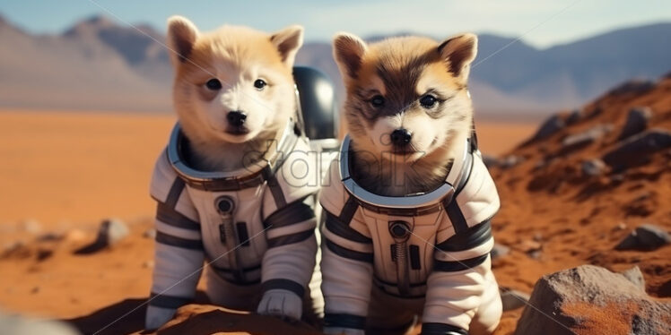 Two astronaut puppies on an inhabited planet - Starpik Stock