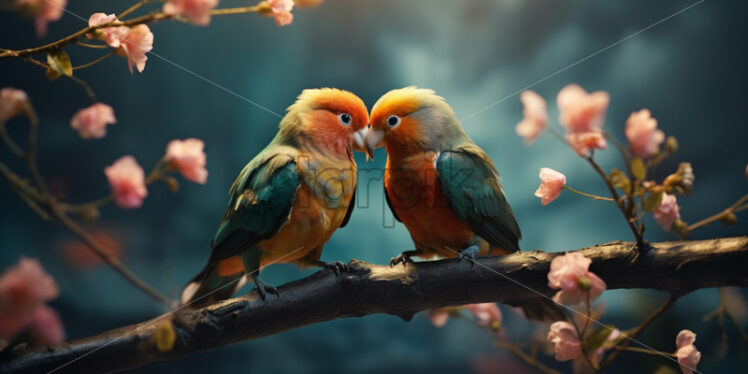 Two birds on a branch with flowers - Starpik Stock