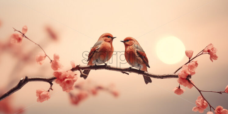 Two birds on a branch with flowers - Starpik Stock