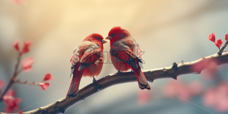 Two birds on a branch with flowers - Starpik Stock