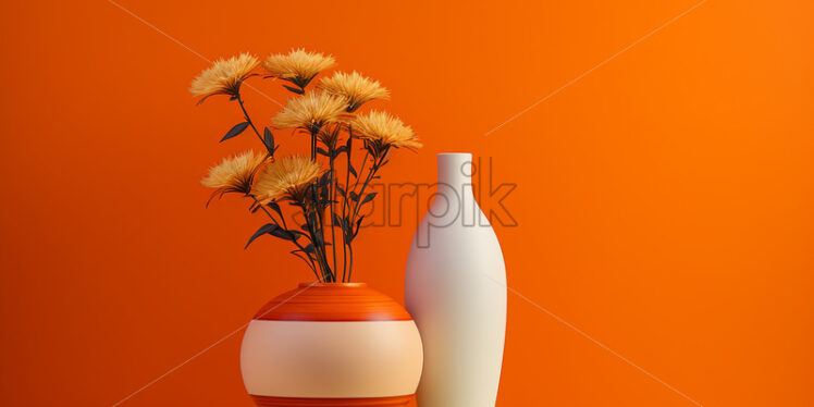 Two ceramic vases with flowers on an orange background - Starpik Stock