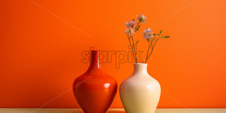 Two ceramic vases with flowers on an orange background - Starpik Stock