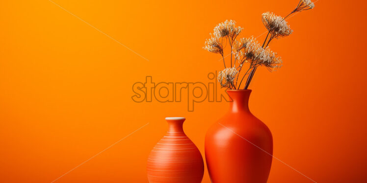 Two ceramic vases with flowers on an orange background - Starpik Stock