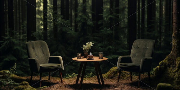 Two chairs and a table in the forest - Starpik Stock