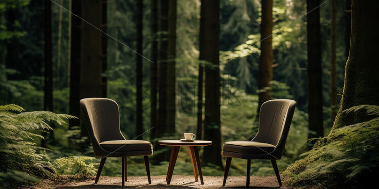 Two chairs and a table in the forest - Starpik Stock