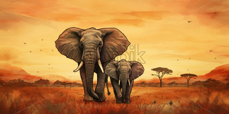 Two elephants in the savanna watercolor painting - Starpik Stock