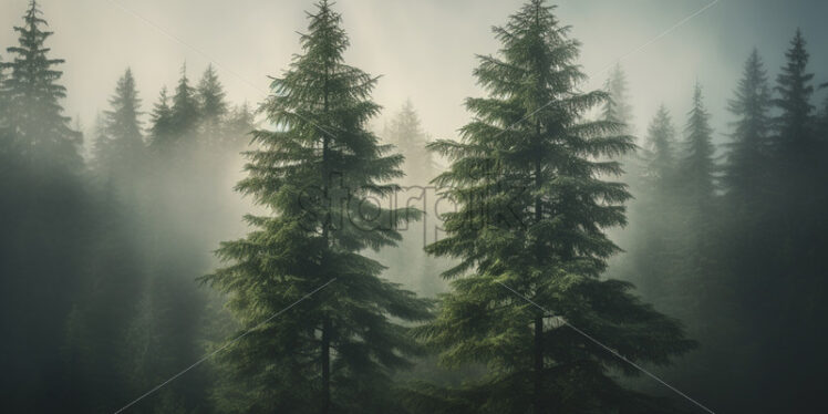 Two fir trees in a foggy forest - Starpik Stock