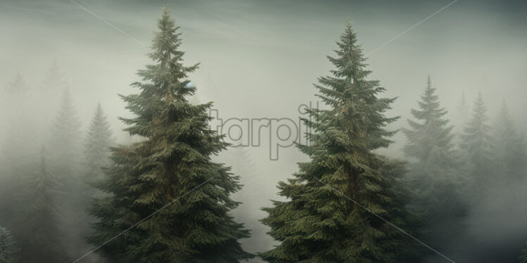 Two fir trees in a foggy forest - Starpik Stock