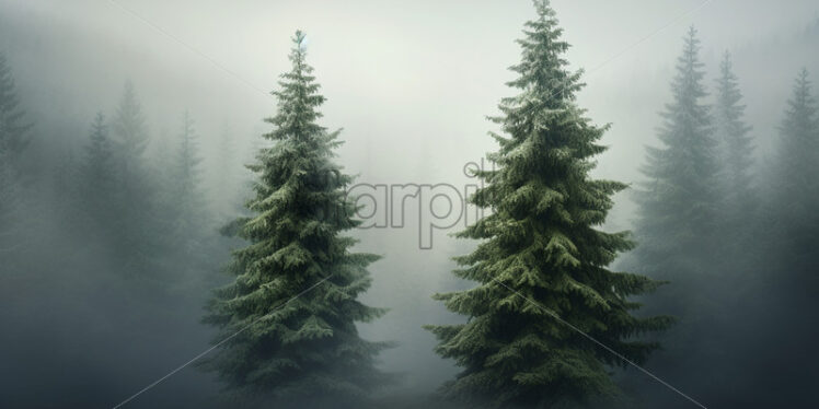 Two fir trees in a foggy forest - Starpik Stock