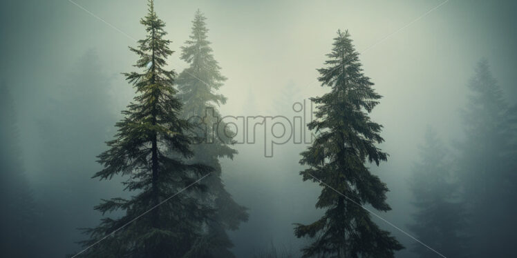 Two fir trees in a foggy forest - Starpik Stock