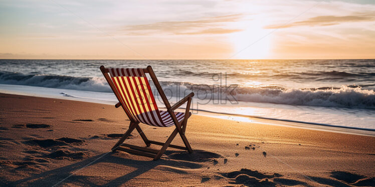 Two folding chairs sitting on a beach and in the distance an amazing view of an ocean whose waves come to the shore - Starpik Stock